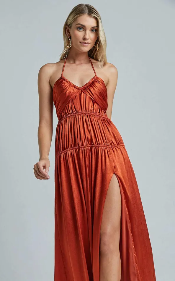 Showpo Emmalyn Maxi Dress 8211 Strappy Halter Tiered Fit and Flare In Rust Women Dresses