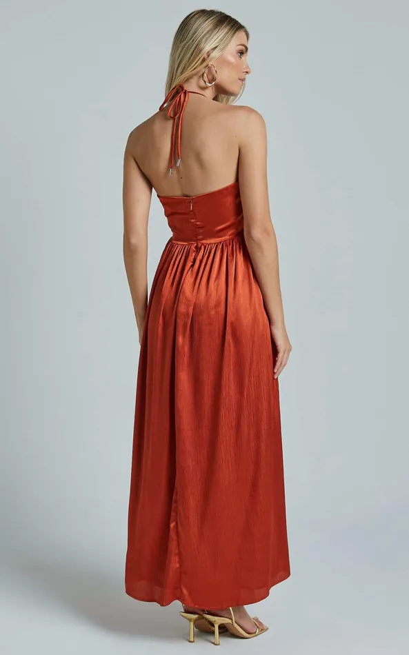 Showpo Emmalyn Maxi Dress 8211 Strappy Halter Tiered Fit and Flare In Rust Women Dresses