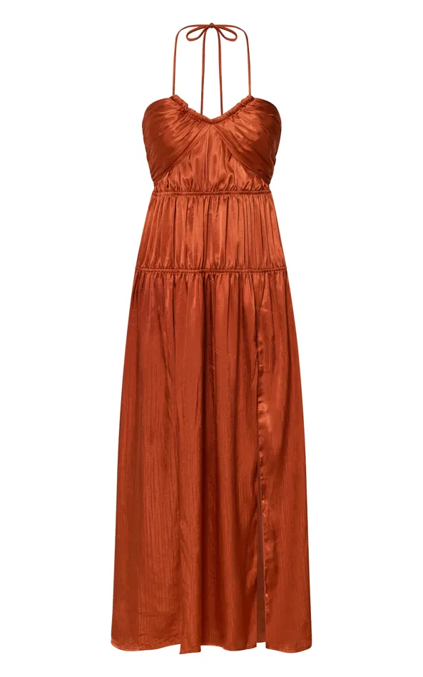 Showpo Emmalyn Maxi Dress 8211 Strappy Halter Tiered Fit and Flare In Rust Women Dresses