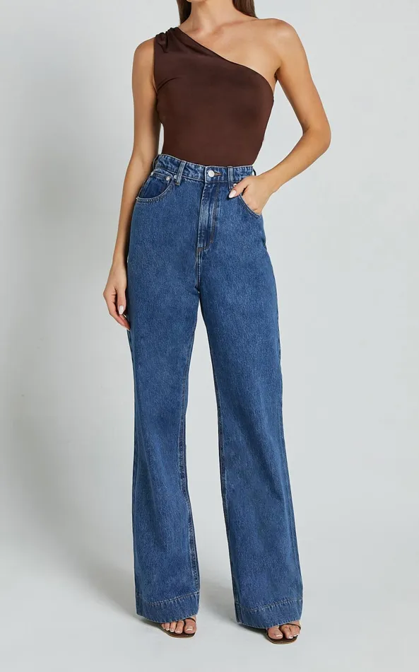 Showpo Emman Jeans 8211 High Waisted Cotton Wide Leg Denim Jeans In Dark Blue Wash Women Curve Clothes