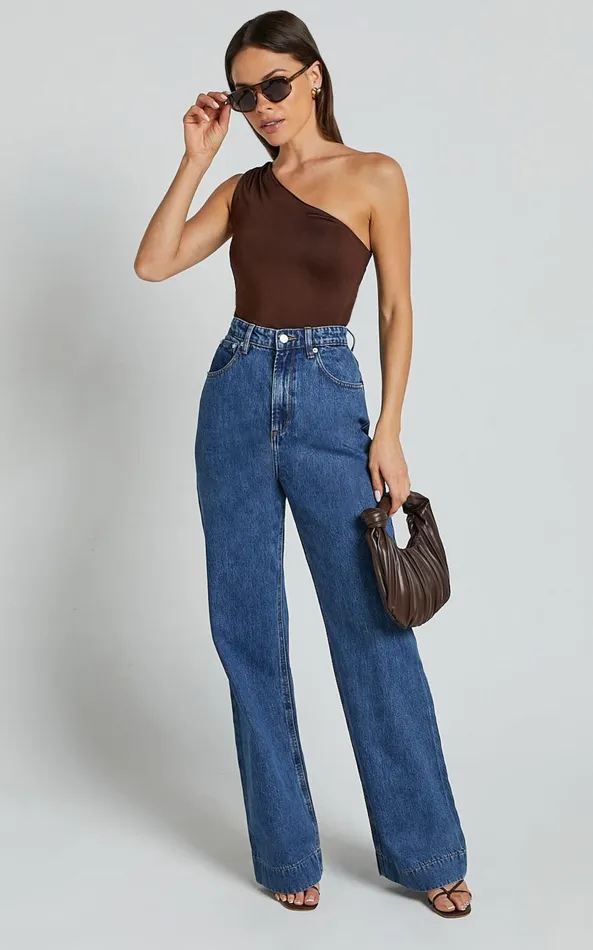 Showpo Emman Jeans 8211 High Waisted Cotton Wide Leg Denim Jeans In Dark Blue Wash Women Curve Clothes
