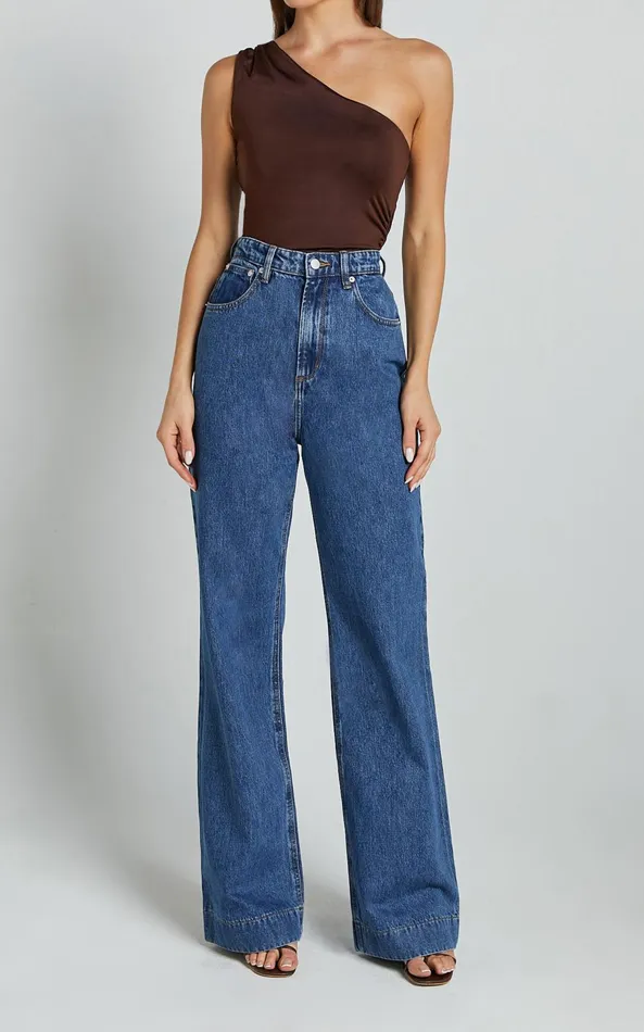 Showpo Emman Jeans 8211 High Waisted Cotton Wide Leg Denim Jeans In Dark Blue Wash Women Curve Clothes