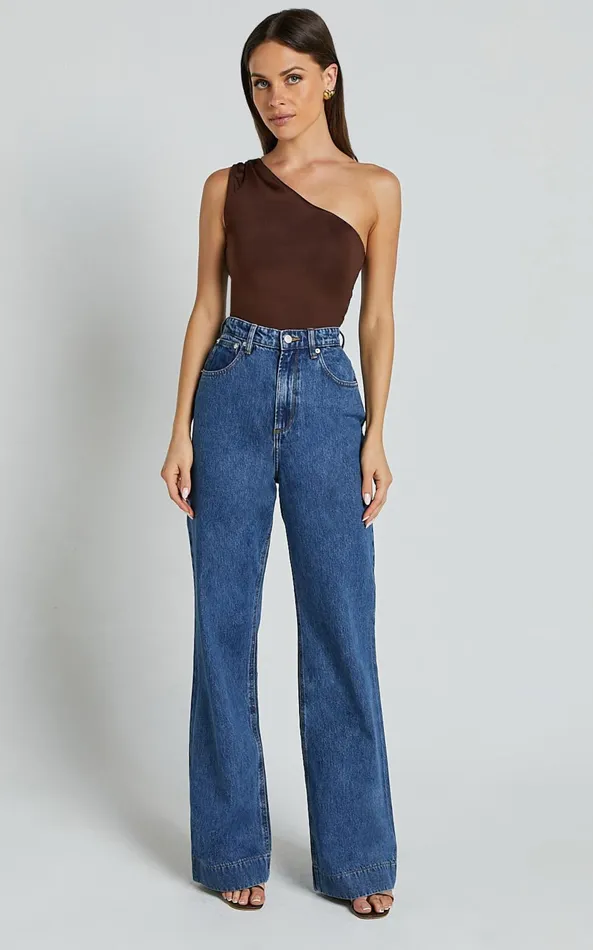 Showpo Emman Jeans 8211 High Waisted Cotton Wide Leg Denim Jeans In Dark Blue Wash Women Curve Clothes