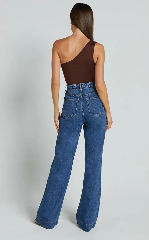 Showpo Emman Jeans 8211 High Waisted Cotton Wide Leg Denim Jeans In Dark Blue Wash Women Curve Clothes