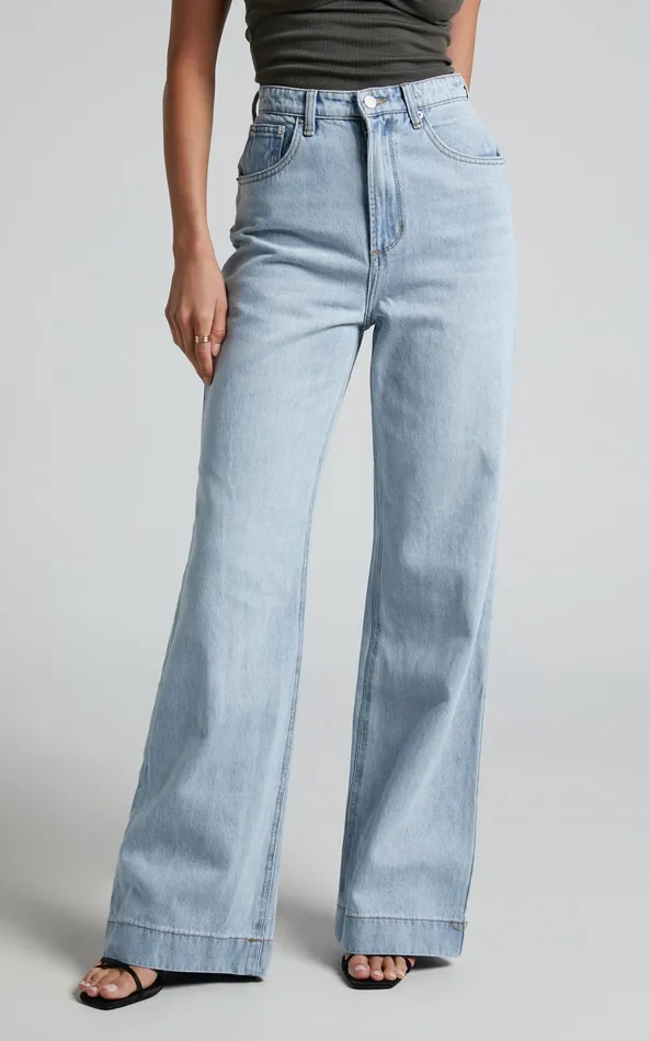Showpo Emman Jeans 8211 High Waisted Cotton Wide Leg Denim Jeans In Sunday Blue Women Curve Clothes