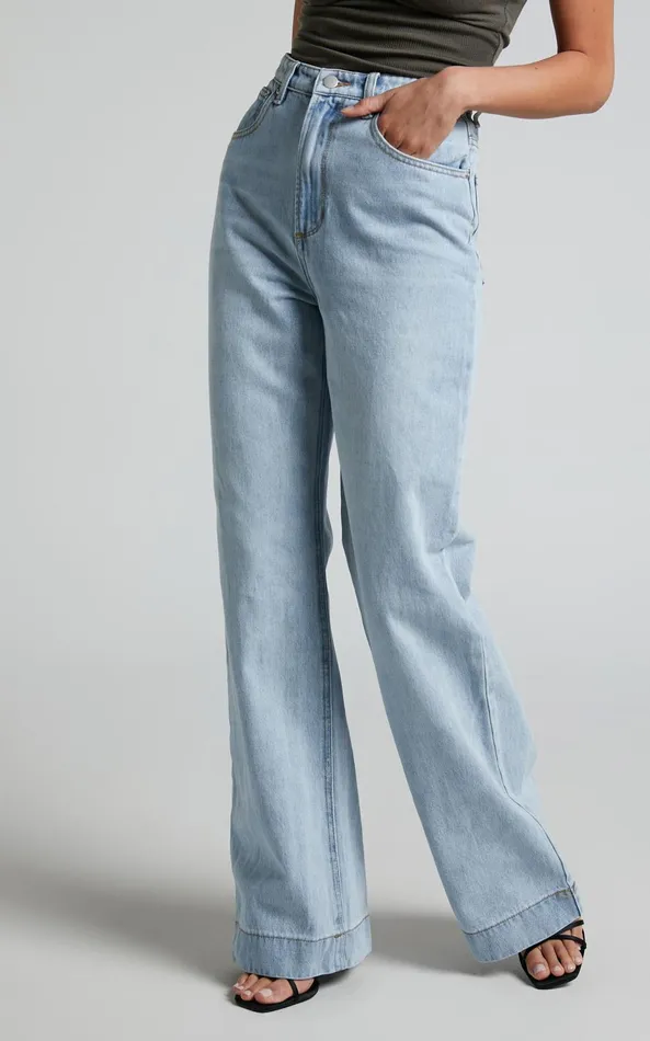 Showpo Emman Jeans 8211 High Waisted Cotton Wide Leg Denim Jeans In Sunday Blue Women Curve Clothes
