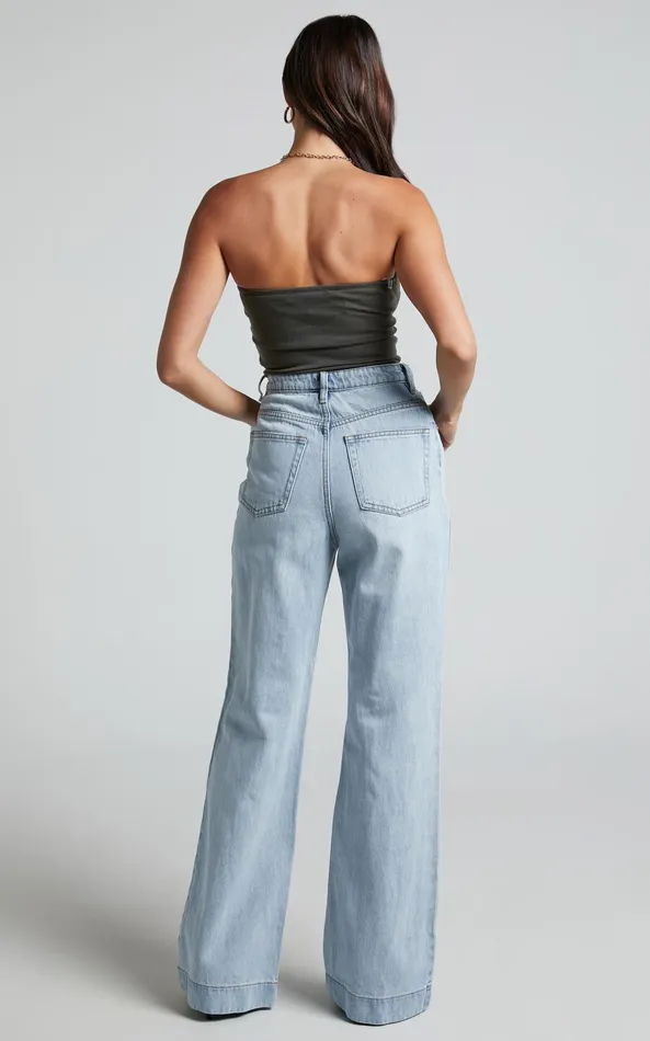 Showpo Emman Jeans 8211 High Waisted Cotton Wide Leg Denim Jeans In Sunday Blue Women Curve Clothes