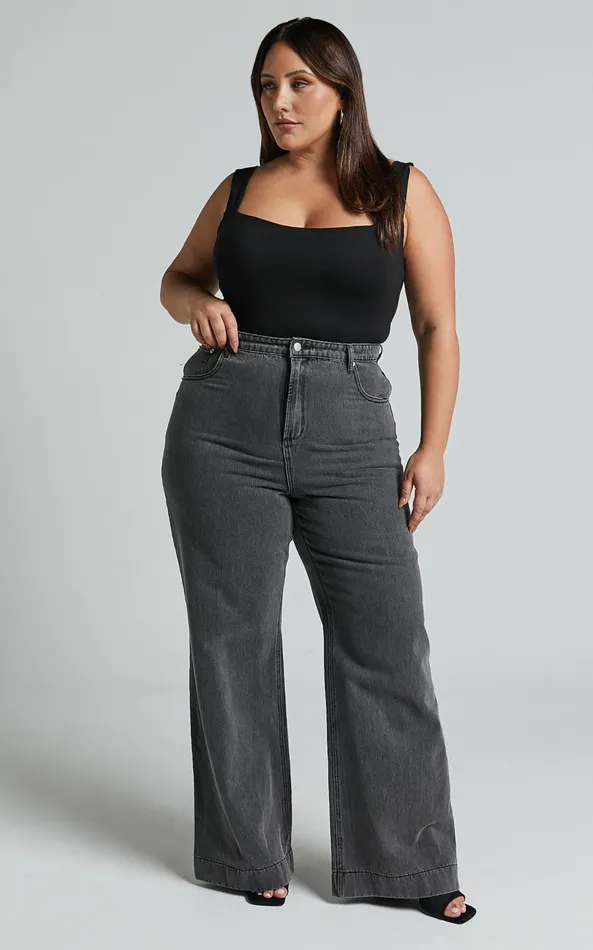 Showpo Emman Jeans 8211 High Waisted Cotton Wide Leg Denim Jeans In Washed Black Women Curve Clothes