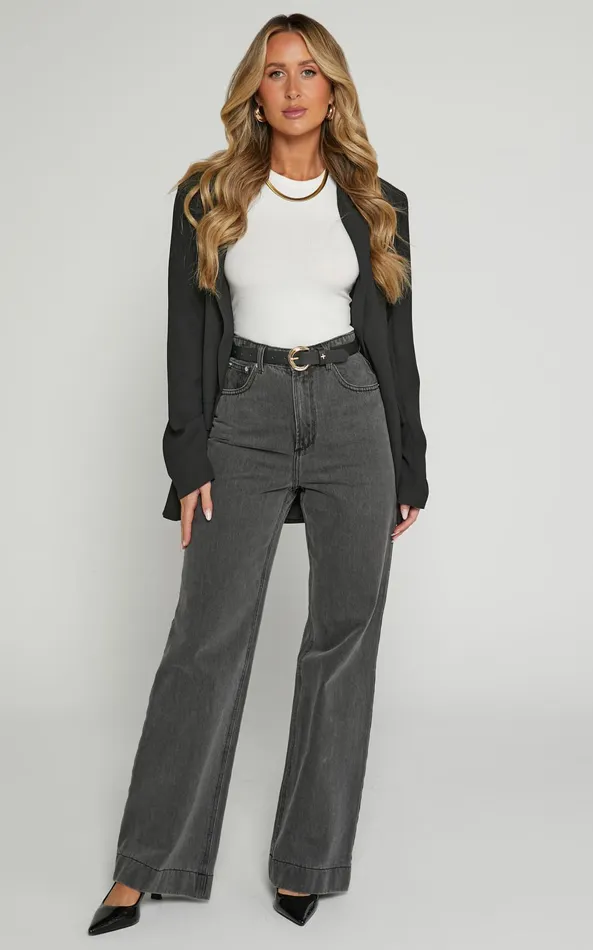 Showpo Emman Jeans 8211 High Waisted Cotton Wide Leg Denim Jeans In Washed Black Women Curve Clothes