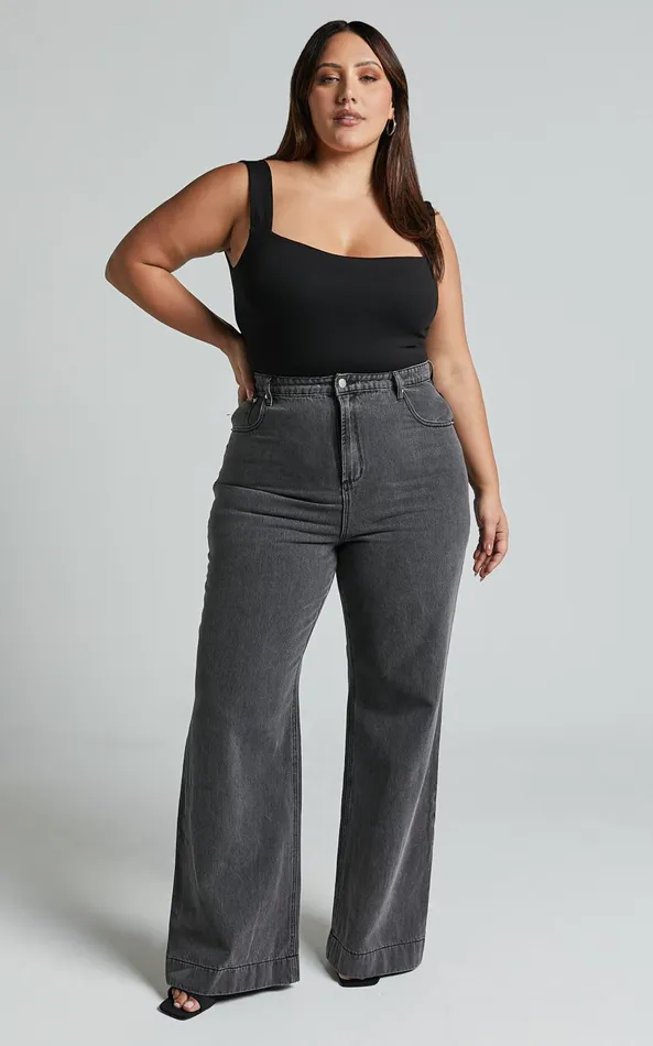 Showpo Emman Jeans 8211 High Waisted Cotton Wide Leg Denim Jeans In Washed Black Women Curve Clothes