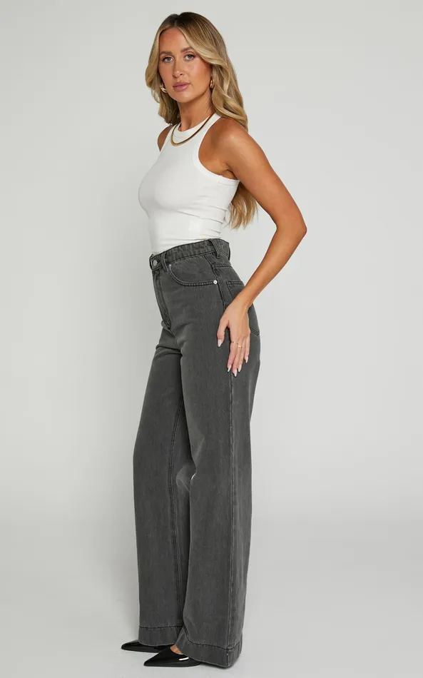 Showpo Emman Jeans 8211 High Waisted Cotton Wide Leg Denim Jeans In Washed Black Women Curve Clothes