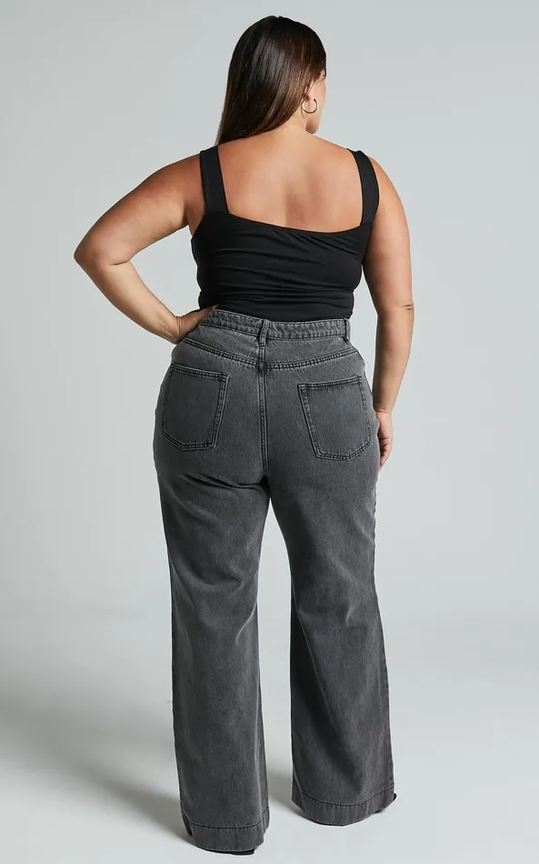Showpo Emman Jeans 8211 High Waisted Cotton Wide Leg Denim Jeans In Washed Black Women Curve Clothes