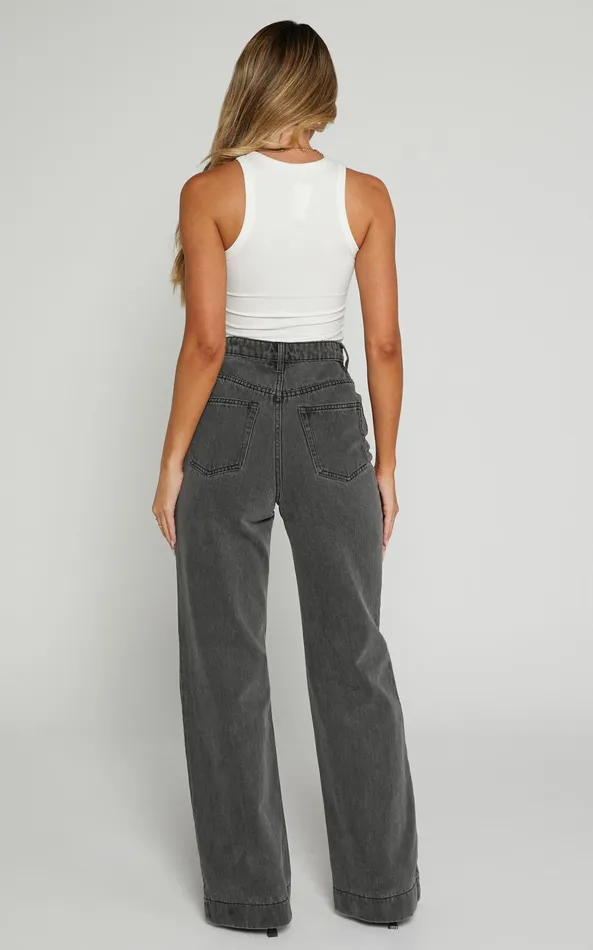 Showpo Emman Jeans 8211 High Waisted Cotton Wide Leg Denim Jeans In Washed Black Women Curve Clothes