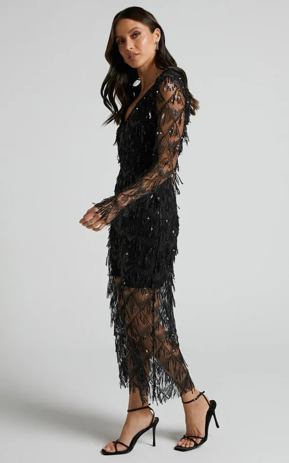 Showpo Emmett Midi Dress 8211 Long Sleeve Sequin Diamond Mesh Dress In Black Women Dresses