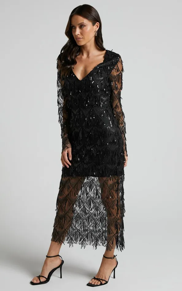 Showpo Emmett Midi Dress 8211 Long Sleeve Sequin Diamond Mesh Dress In Black Women Dresses