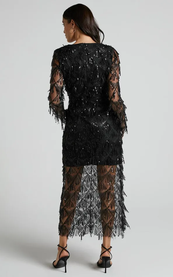 Showpo Emmett Midi Dress 8211 Long Sleeve Sequin Diamond Mesh Dress In Black Women Dresses