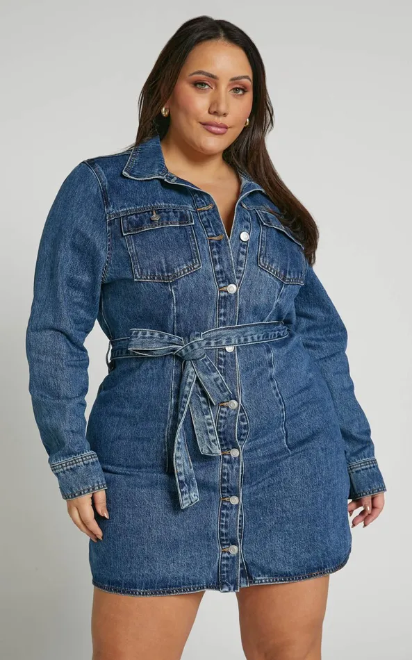 Showpo Enriquetta Mini Dress 8211 Cotton Denim Long Sleeve Button Up Dress In Blue Women Curve Clothes