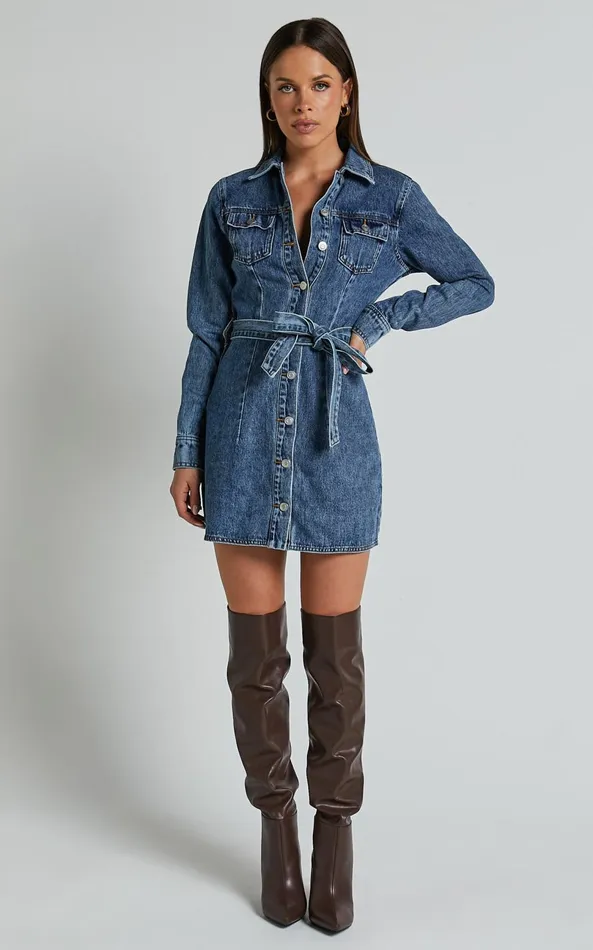 Showpo Enriquetta Mini Dress 8211 Cotton Denim Long Sleeve Button Up Dress In Blue Women Curve Clothes