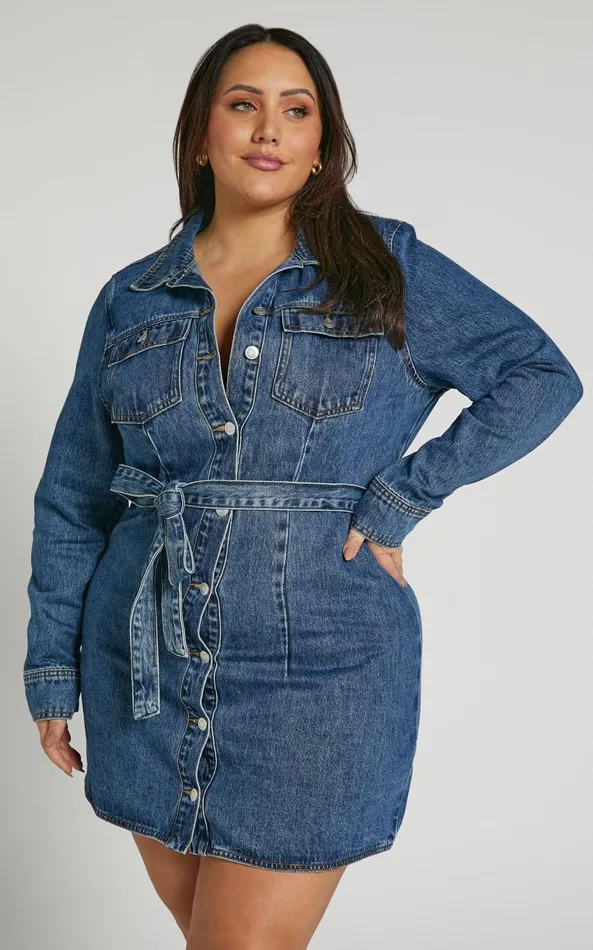 Showpo Enriquetta Mini Dress 8211 Cotton Denim Long Sleeve Button Up Dress In Blue Women Curve Clothes