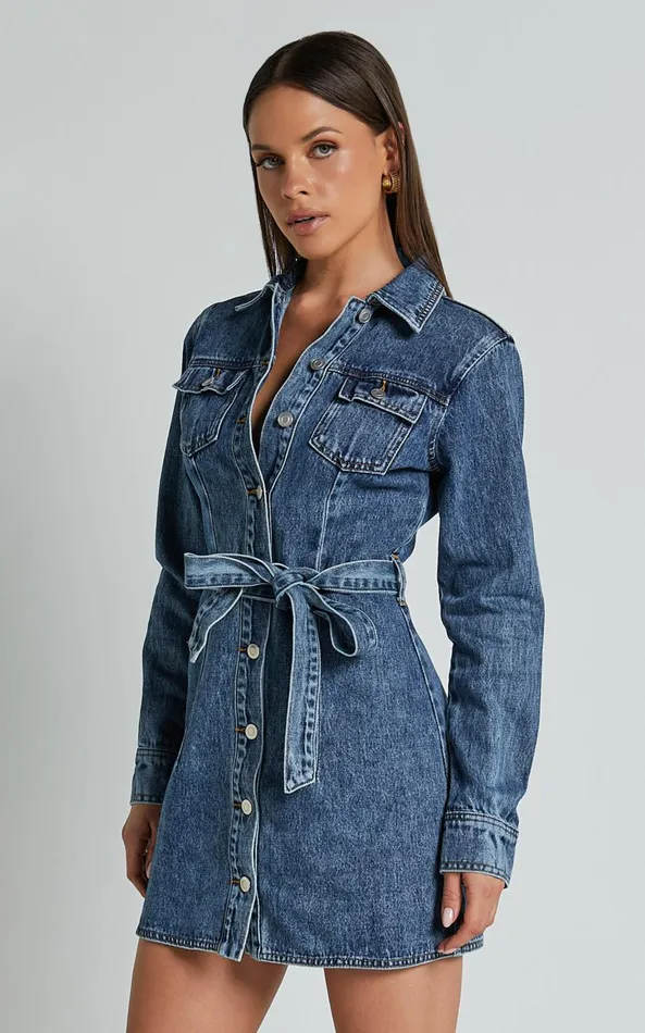 Showpo Enriquetta Mini Dress 8211 Cotton Denim Long Sleeve Button Up Dress In Blue Women Curve Clothes