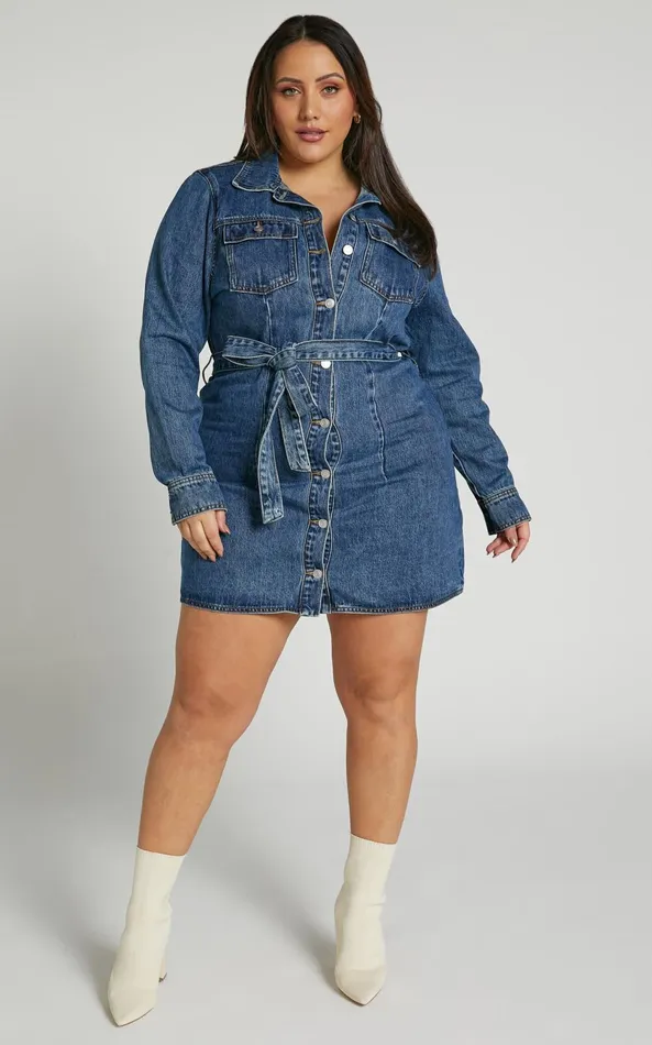Showpo Enriquetta Mini Dress 8211 Cotton Denim Long Sleeve Button Up Dress In Blue Women Curve Clothes