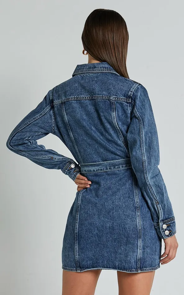 Showpo Enriquetta Mini Dress 8211 Cotton Denim Long Sleeve Button Up Dress In Blue Women Curve Clothes