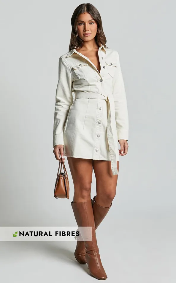 Showpo Enriquetta Mini Dress 8211 Cotton Denim Long Sleeve Button Up Dress In Ecru Women Curve Clothes Showpo Enriquetta Mini Dress 8211 Cotton Denim Long Sleeve Button Up Dress In Ecru Women Curve Clothes