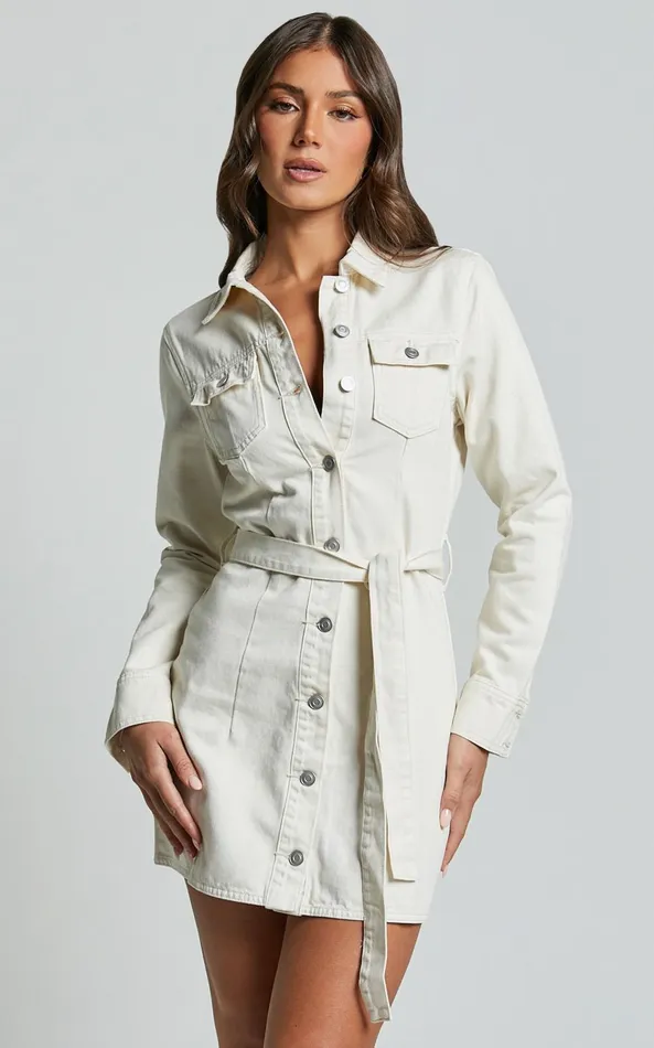 Showpo Enriquetta Mini Dress 8211 Cotton Denim Long Sleeve Button Up Dress In Ecru Women Curve Clothes