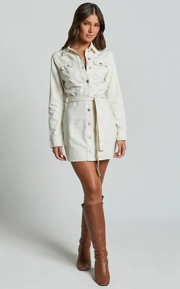 Showpo Enriquetta Mini Dress 8211 Cotton Denim Long Sleeve Button Up Dress In Ecru Women Curve Clothes