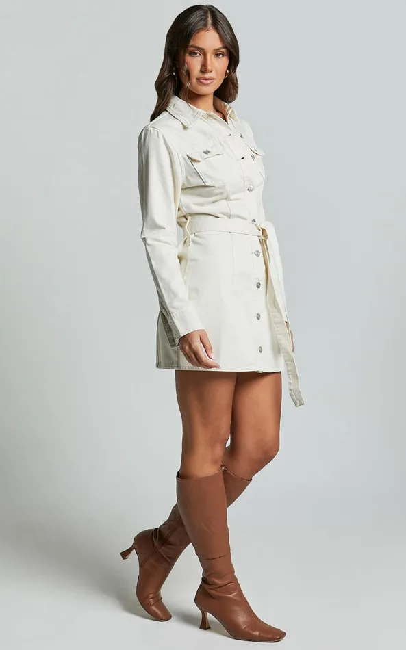 Showpo Enriquetta Mini Dress 8211 Cotton Denim Long Sleeve Button Up Dress In Ecru Women Curve Clothes