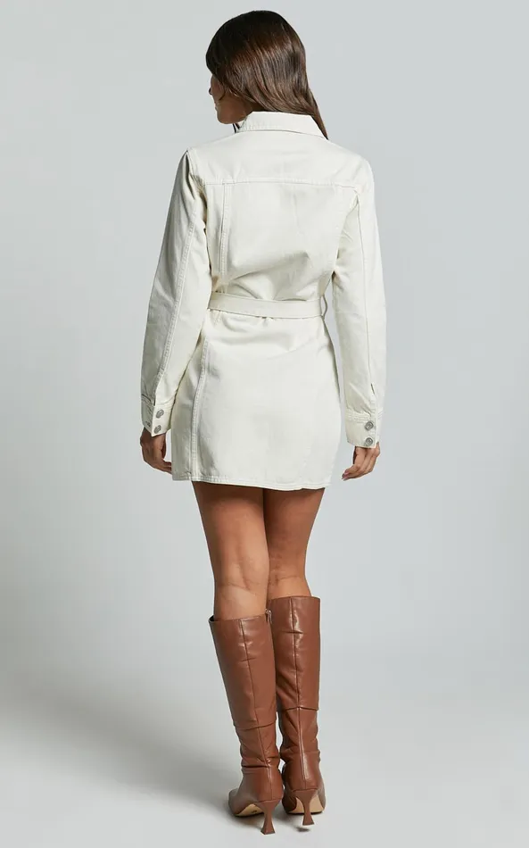 Showpo Enriquetta Mini Dress 8211 Cotton Denim Long Sleeve Button Up Dress In Ecru Women Curve Clothes