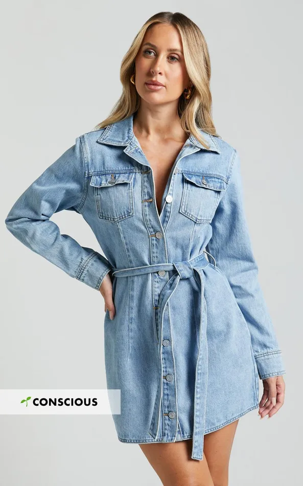 Showpo Enriquetta Mini Dress 8211 Cotton Denim Long Sleeve Button Up Dress In Mid Blue Wash Women Denim Showpo Enriquetta Mini Dress 8211 Cotton Denim Long Sleeve Button Up Dress In Mid Blue Wash Women Denim