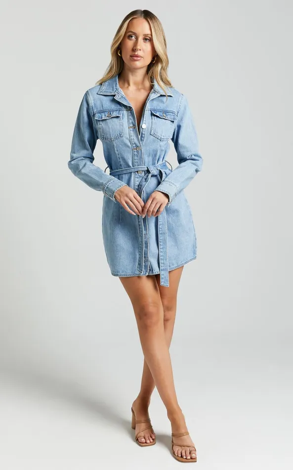 Showpo Enriquetta Mini Dress 8211 Cotton Denim Long Sleeve Button Up Dress In Mid Blue Wash Women Denim
