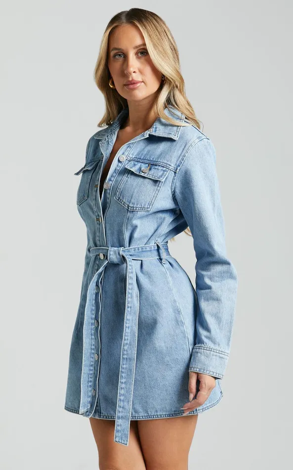 Showpo Enriquetta Mini Dress 8211 Cotton Denim Long Sleeve Button Up Dress In Mid Blue Wash Women Denim