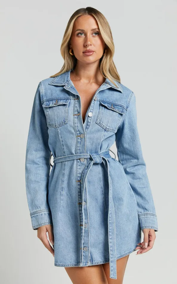 Showpo Enriquetta Mini Dress 8211 Cotton Denim Long Sleeve Button Up Dress In Mid Blue Wash Women Denim