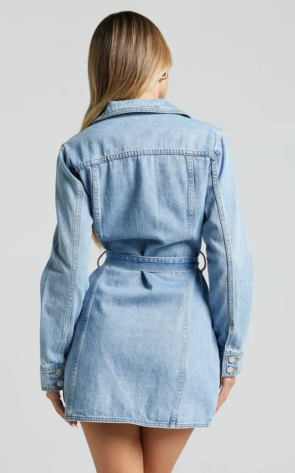 Showpo Enriquetta Mini Dress 8211 Cotton Denim Long Sleeve Button Up Dress In Mid Blue Wash Women Denim