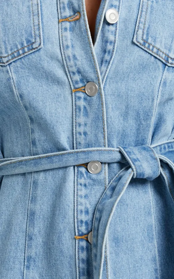 Showpo Enriquetta Mini Dress 8211 Cotton Denim Long Sleeve Button Up Dress In Mid Blue Wash Women Denim
