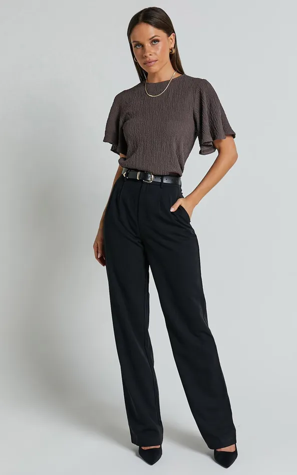 Showpo Enzo Top 8211 Flutter Sleeve Scoop Neck Top In Dark Oak Women Curve Clothes