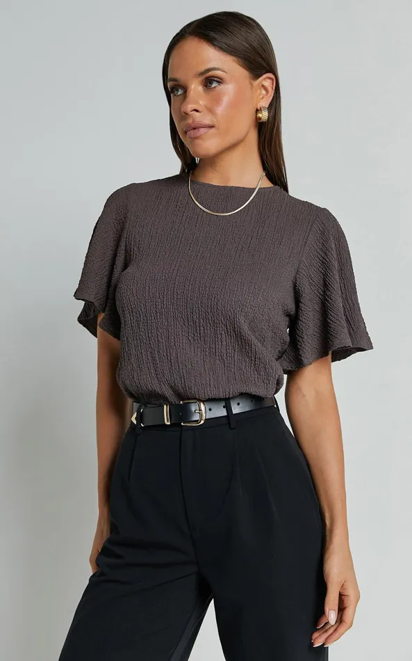 Showpo Enzo Top 8211 Flutter Sleeve Scoop Neck Top In Dark Oak Women Curve Clothes