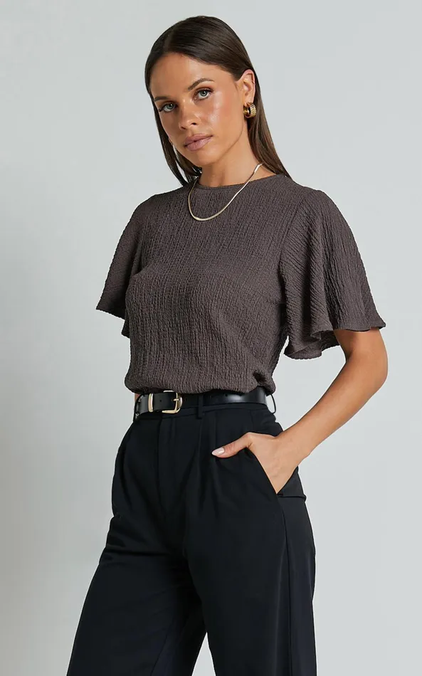 Showpo Enzo Top 8211 Flutter Sleeve Scoop Neck Top In Dark Oak Women Curve Clothes