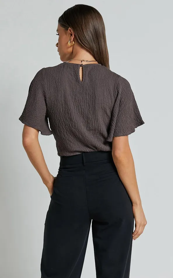 Showpo Enzo Top 8211 Flutter Sleeve Scoop Neck Top In Dark Oak Women Curve Clothes