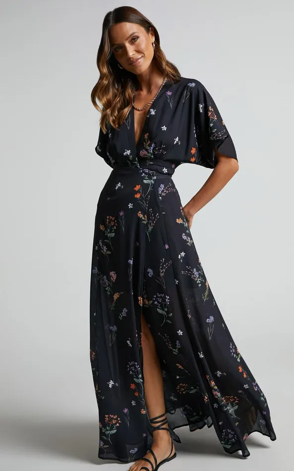 Showpo Erenza Maxi Dress 8211 Extended Sleeve Wrap Dress In Black Flower Field Women Curve Clothes Showpo Erenza Maxi Dress 8211 Extended Sleeve Wrap Dress In Black Flower Field Women Curve Clothes