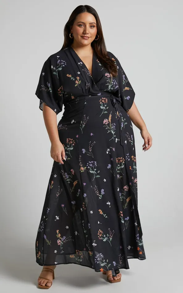 Showpo Erenza Maxi Dress 8211 Extended Sleeve Wrap Dress In Black Flower Field Women Curve Clothes