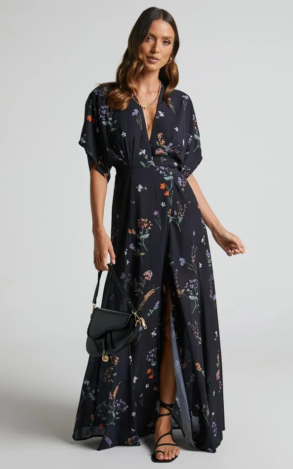 Showpo Erenza Maxi Dress 8211 Extended Sleeve Wrap Dress In Black Flower Field Women Curve Clothes