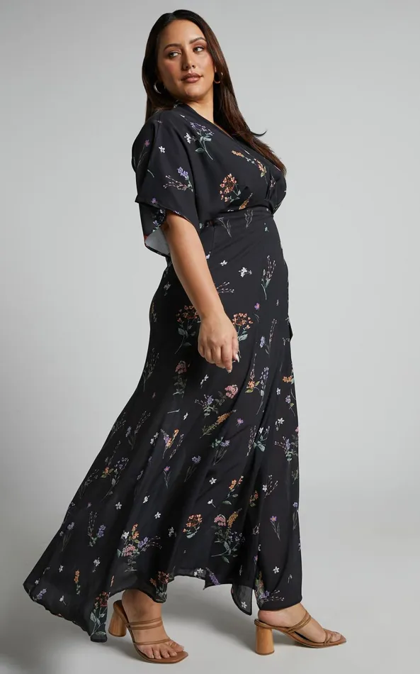 Showpo Erenza Maxi Dress 8211 Extended Sleeve Wrap Dress In Black Flower Field Women Curve Clothes