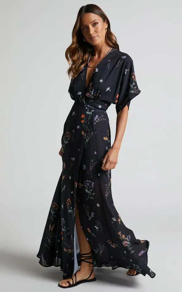 Showpo Erenza Maxi Dress 8211 Extended Sleeve Wrap Dress In Black Flower Field Women Curve Clothes