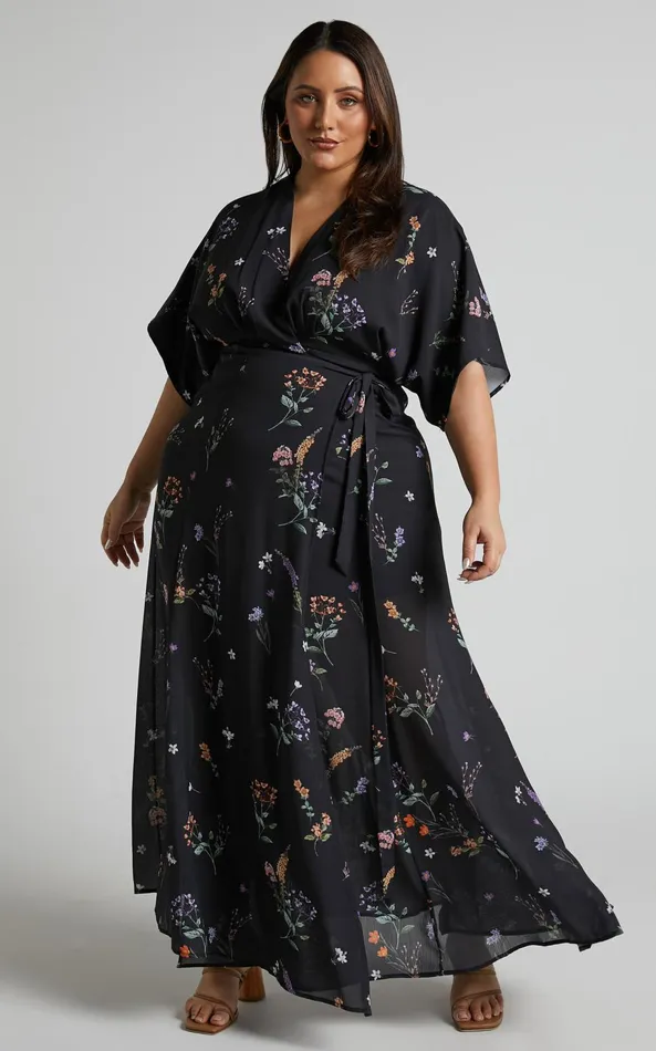 Showpo Erenza Maxi Dress 8211 Extended Sleeve Wrap Dress In Black Flower Field Women Curve Clothes
