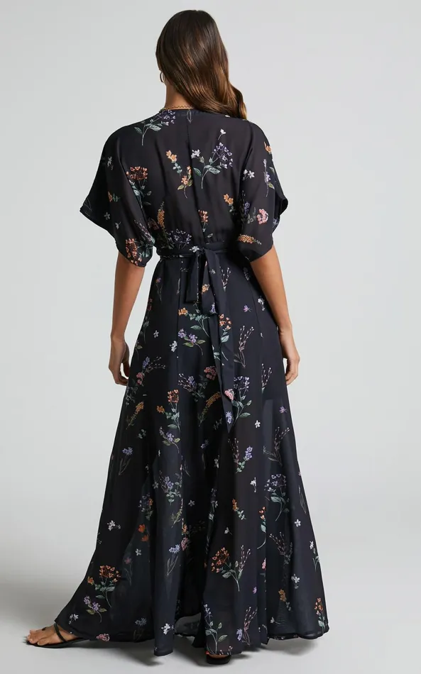 Showpo Erenza Maxi Dress 8211 Extended Sleeve Wrap Dress In Black Flower Field Women Curve Clothes