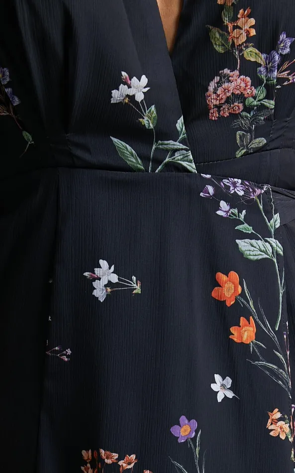 Showpo Erenza Maxi Dress 8211 Extended Sleeve Wrap Dress In Black Flower Field Women Curve Clothes