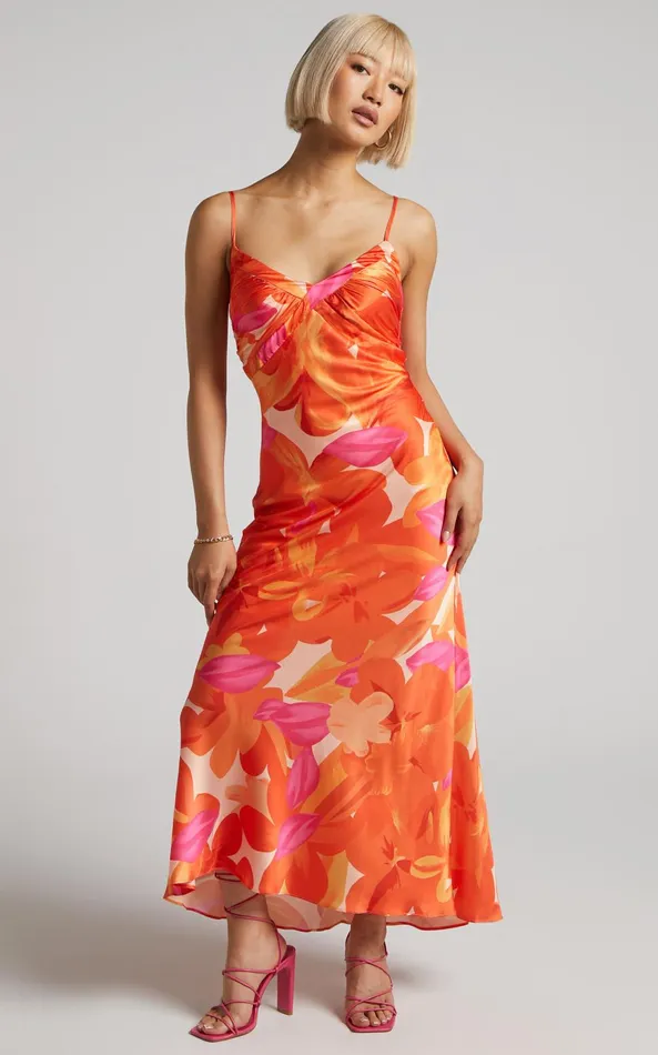 Showpo Erica Maxi Dress 8211 V Neck Satin Slip Dress In Blood Orange Floral Women Dresses Showpo Erica Maxi Dress 8211 V Neck Satin Slip Dress In Blood Orange Floral Women Dresses